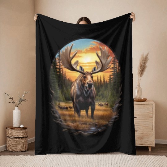 Smiling Moose Grazing Throw Blankets