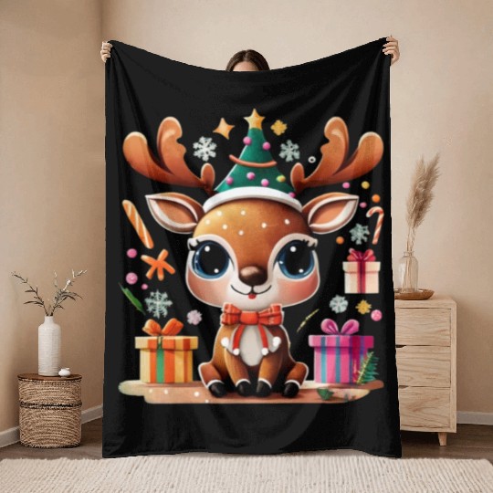Cute Reindeer Merry Christmas Gift Happy Holidays Throw Blankets