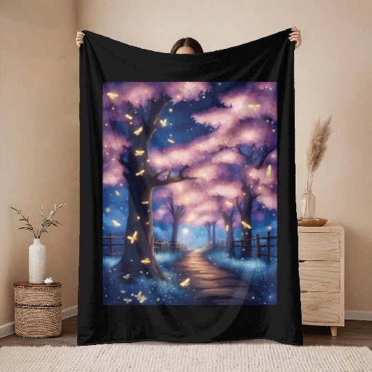 Fireflies In Cherry Blossom Trees Throw Blankets