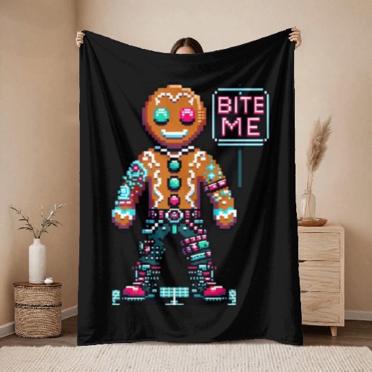 Cyberpunk Gingerbread Man Neon 'Bite Me' Christmas Throw Blankets