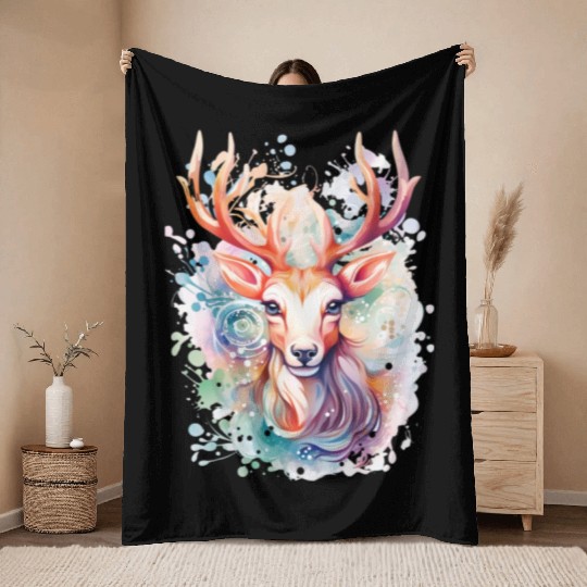 Colorful Reindeer Fantasy: Studio Ghibli Style Throw Blankets