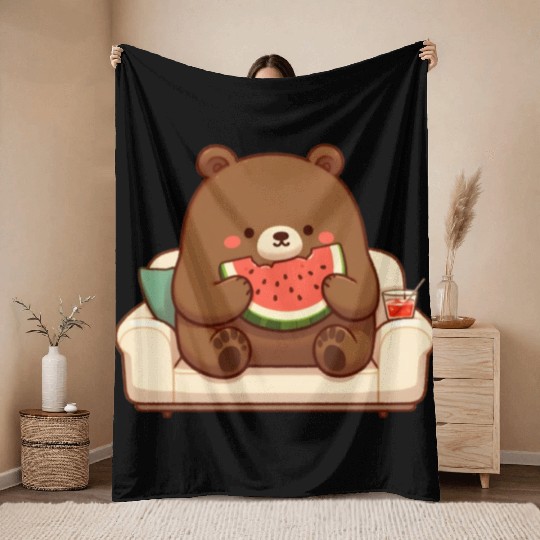 Cosy bear enjoying watermelon Throw Blankets
