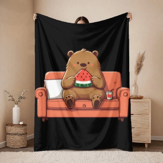 Cosy bear enjoying watermelon Throw Blankets