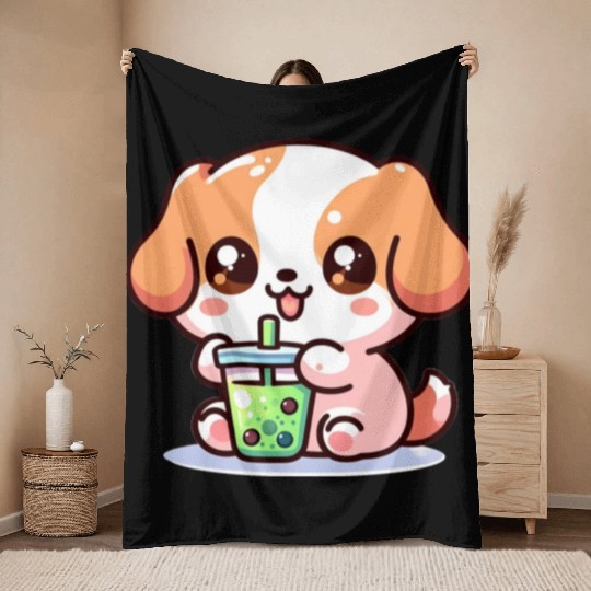 Playful dog with bubble tea Throw Blankets