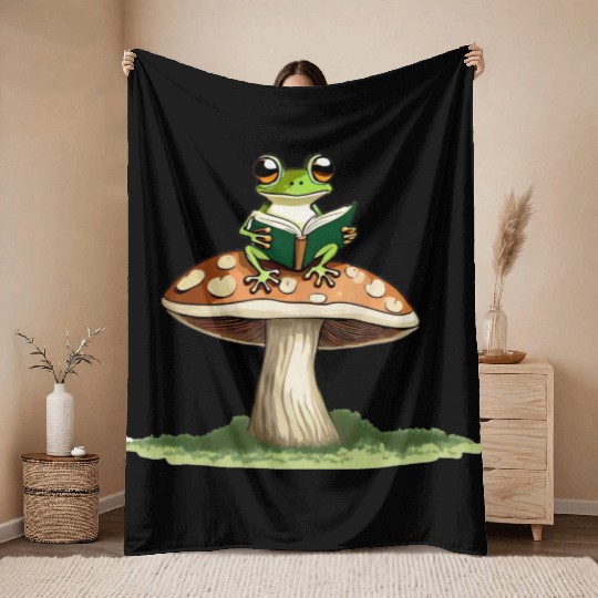 Frog with a Book on Mushroom Throw Blankets