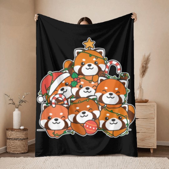 Red Panda Christmas Tree Funny Animal Throw Blankets