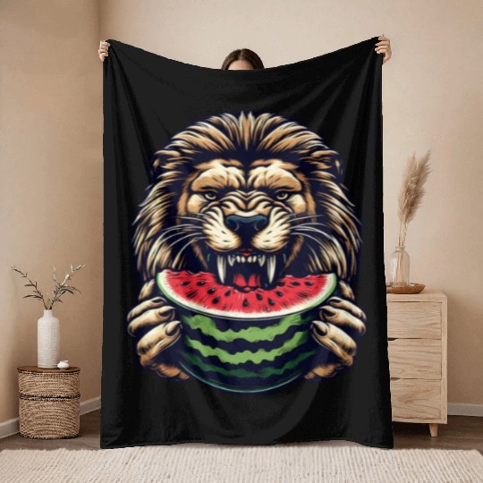 Lion enjoys watermelon Throw Blankets