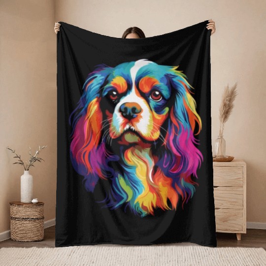 Watercolor Colorful Cavalier King Charles Spaniel Throw Blankets