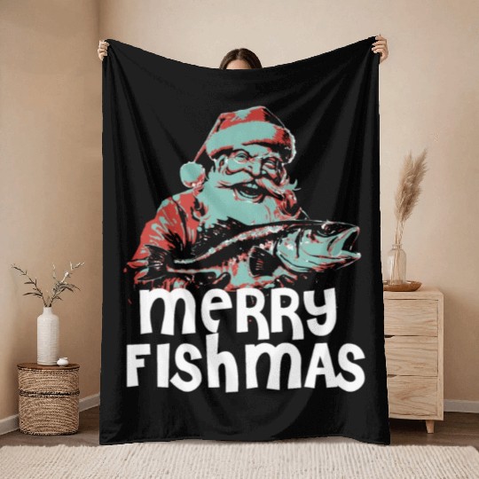 Funny Santa Claus Fishing Merry Fishmas Christmas Throw Blankets