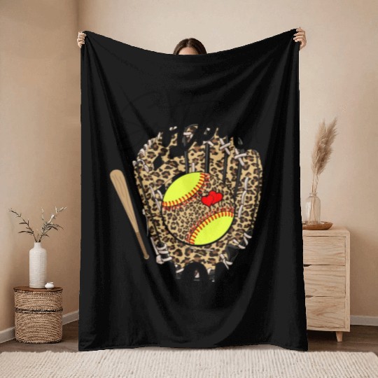 Softball Mom Leopard Game Day Softball Lover Throw Blankets