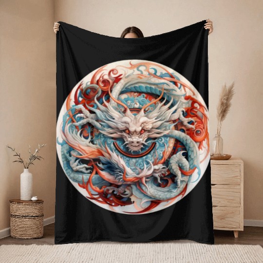 Chinese Dragon Mandala Art Throw Blankets