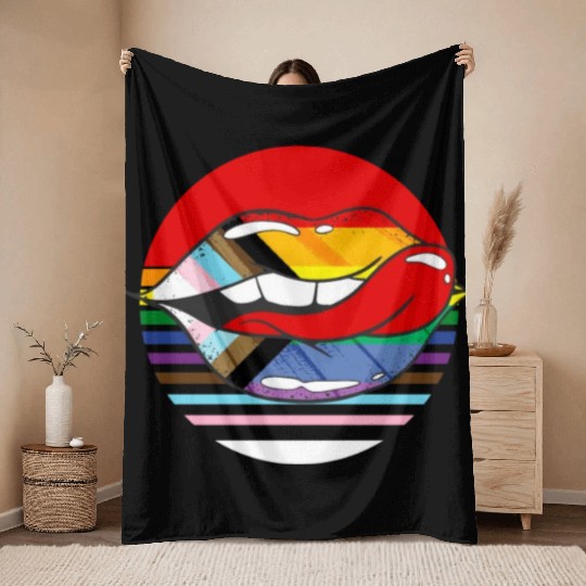 Retro Progress Pride Flag LGBTQ Rainbow Lips Throw Blankets