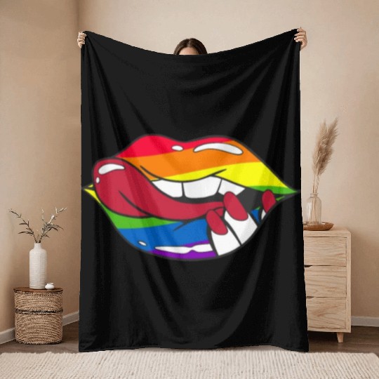 LGBTQ Rainbow Pride Flag Funny Sexy Lips Throw Blankets