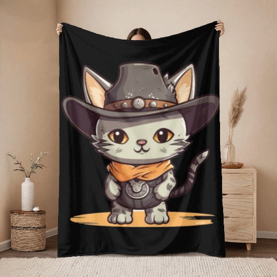 Cat Cowboy Cute Western Kawaii Rodeo Cat Throw Blankets