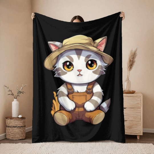 Kawaii Cat Farmer Agriculturist Farming Cute Anime Throw Blankets