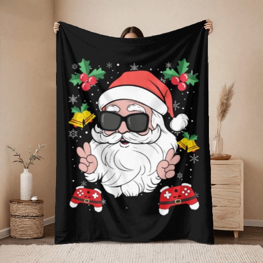 Santa Cool Gamer Video Game X-Mas Gaming Throw Blankets