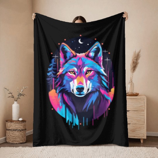 Eerie Blacklight Wolf Throw Blankets - Neon Colors