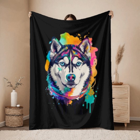 husky dog ink drawing Throw Blankets