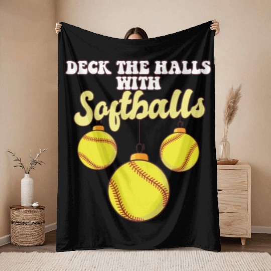 Softball Player Catcher Christmas Balls Deck The Throw Blankets