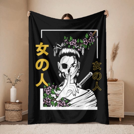 Japanese Samurai Floral Warrior Flower Woman Throw Blankets