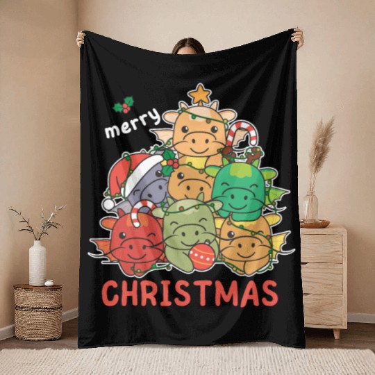 Dragon Christmas Tree Merry Christmas Throw Blankets