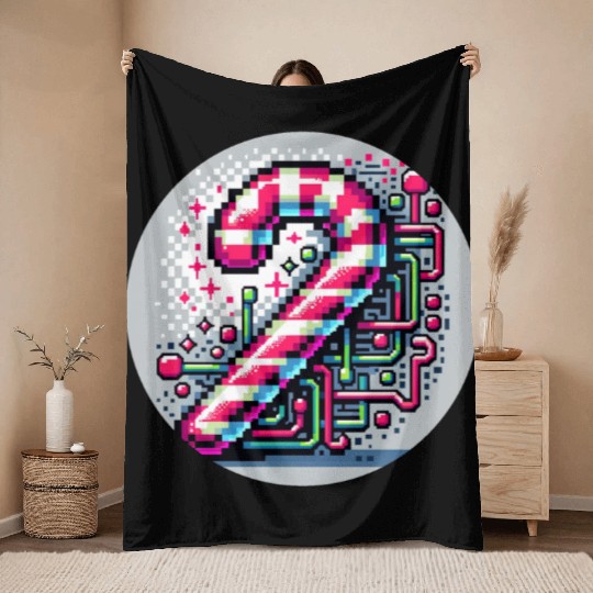 Neon Cyberpunk Candy Cane 8-Bit Pixel Christmas Throw Blankets