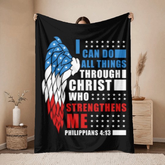 Bible Verse Philippians 4:13 Inspiring Patriotic C Throw Blankets
