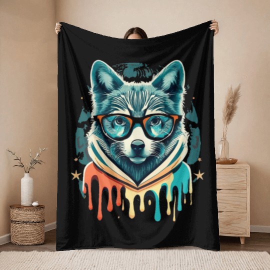 Hipster Wolf Drip Throw Blankets