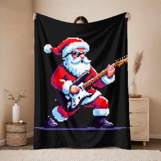 Rocking Santa 8-Bit Pixel Art Throw Blankets