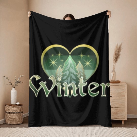 Winter Heart Evergreen Retro Sunset Throw Blankets