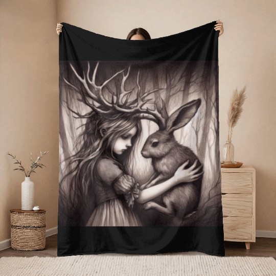 Illustration of Girl with Jackalope Throw Blankets