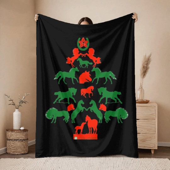 Horse Christmas Tree in Red and Green Throw Blankets