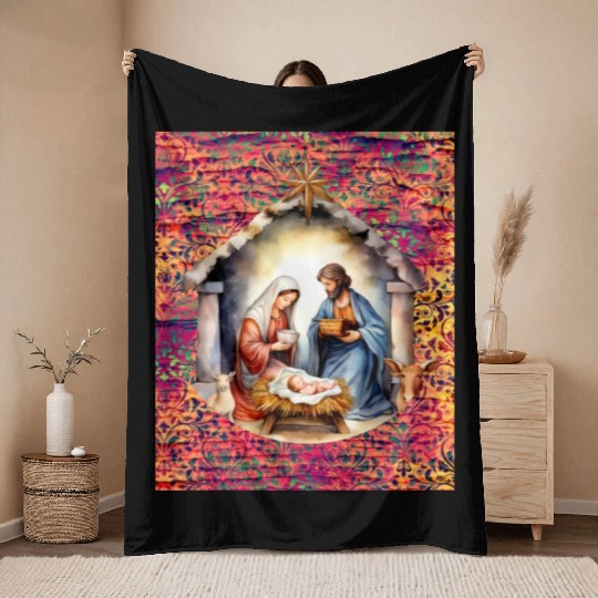 Nativity scene with Mary Joseph Baby Jesus Throw Blankets