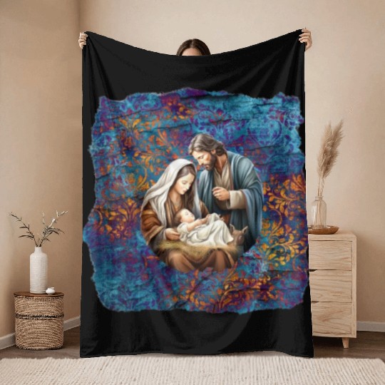 Nativity scene with Mary Joseph Baby Jesus Throw Blankets