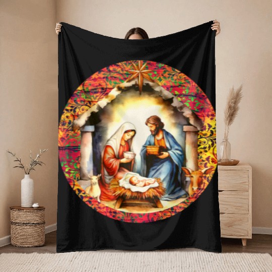 Nativity scene with Mary Joseph Baby Jesus Throw Blankets