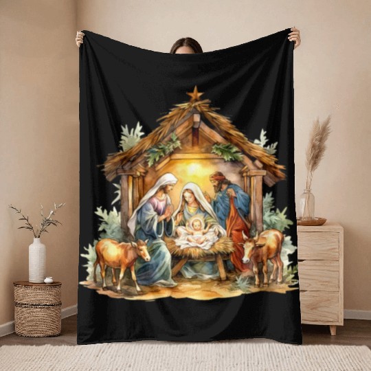 Nativity scene with Mary Joseph Baby Jesus Throw Blankets