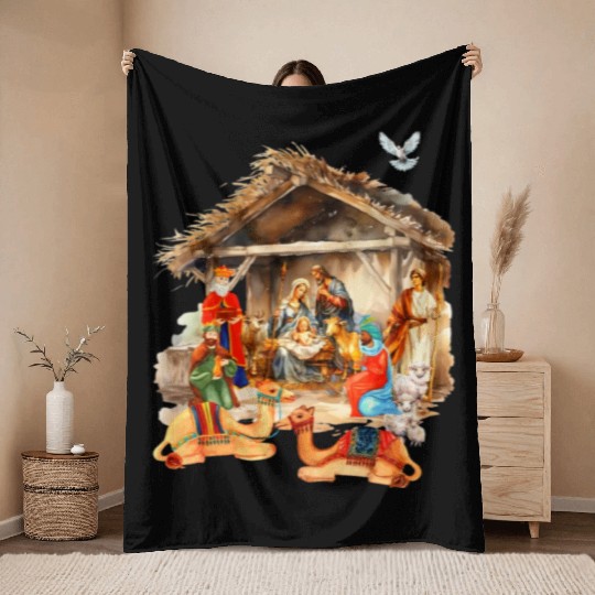Nativity scene with Mary Joseph Baby Jesus Throw Blankets