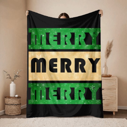 Merry Merry Merry Green and Gold Throw Blankets