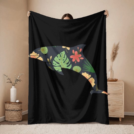 Dolphin Tropical Flower Floral Throw Blankets