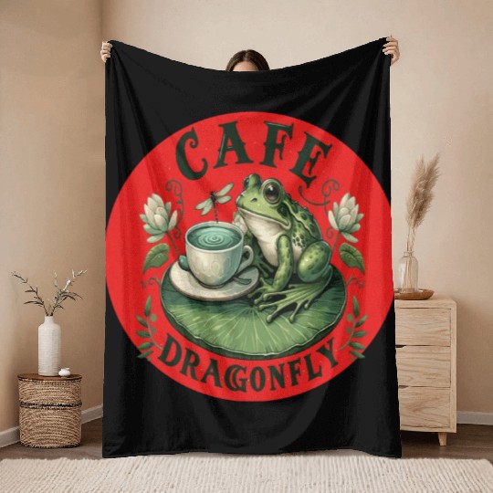 Cafe Dragonfly: Whimsical Serene Frog on Lily Pad Throw Blankets
