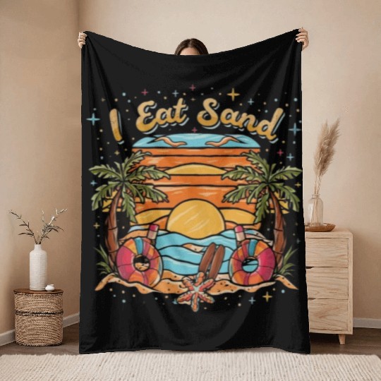 60s Psychedelic I Eat Sand and Sunrise Beach Throw Blankets