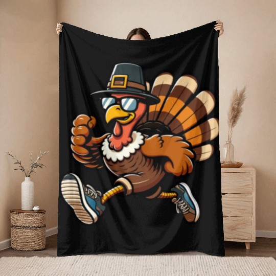 Running Turkey- Turkey Trot Running Thanksgiving Throw Blankets