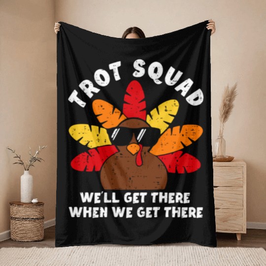 Turkey Trot Squad Race Funny Thanksgiving Running Throw Blankets