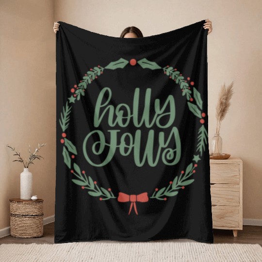 Holly Jolly Sage Green Christmas Wreath Fun Throw Blankets