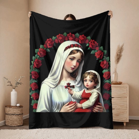 Mother Mary and Baby Jesus with Red Roses Throw Blankets