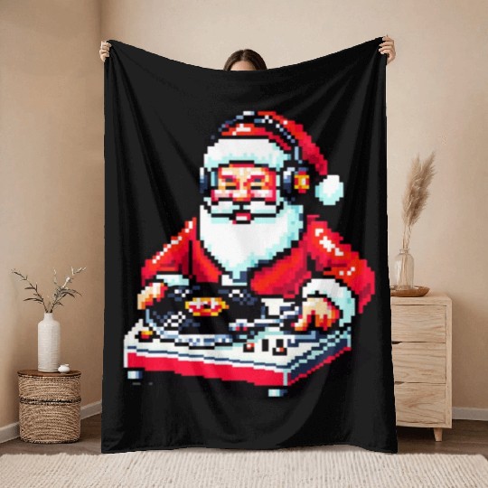 Retro 8-Bit DJ Santa: A Festive Musical Spin Throw Blankets