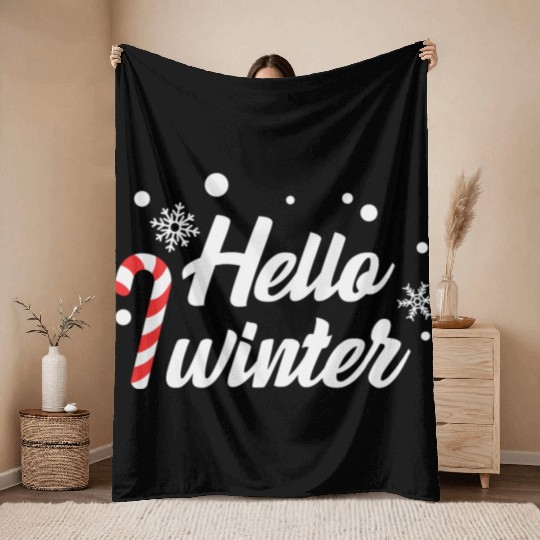 Hello Winter Christmas Candy Canes Throw Blankets
