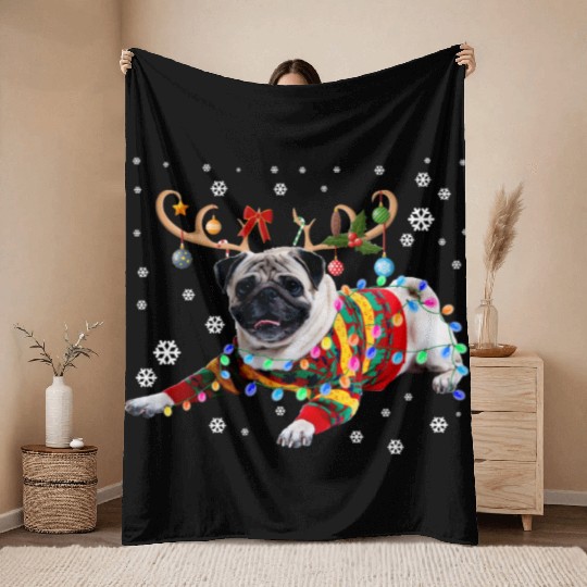 Funny Pug Dog Christmas Reindeer Christmas Lights Throw Blankets