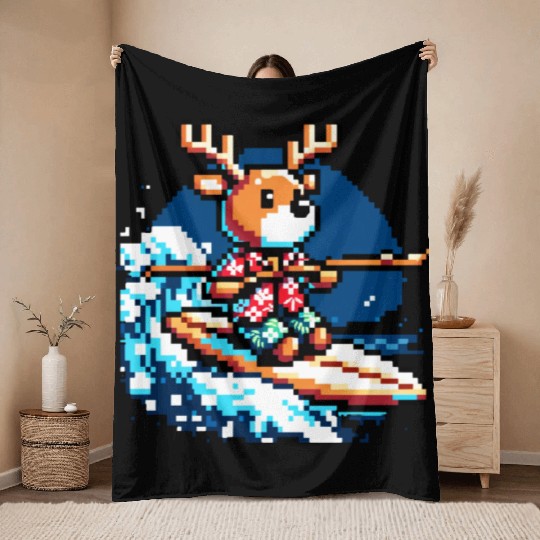 Surfing Reindeer: 8-Bit Holiday Wave Throw Blankets