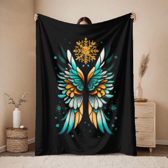 Angel Wings Embracing Snowflakes Throw Blankets